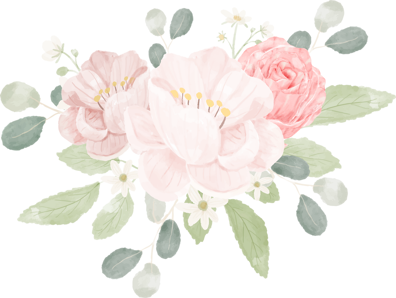 Pink Pastel Watercolor Rose and Peony Flower Bouquet Arrangement