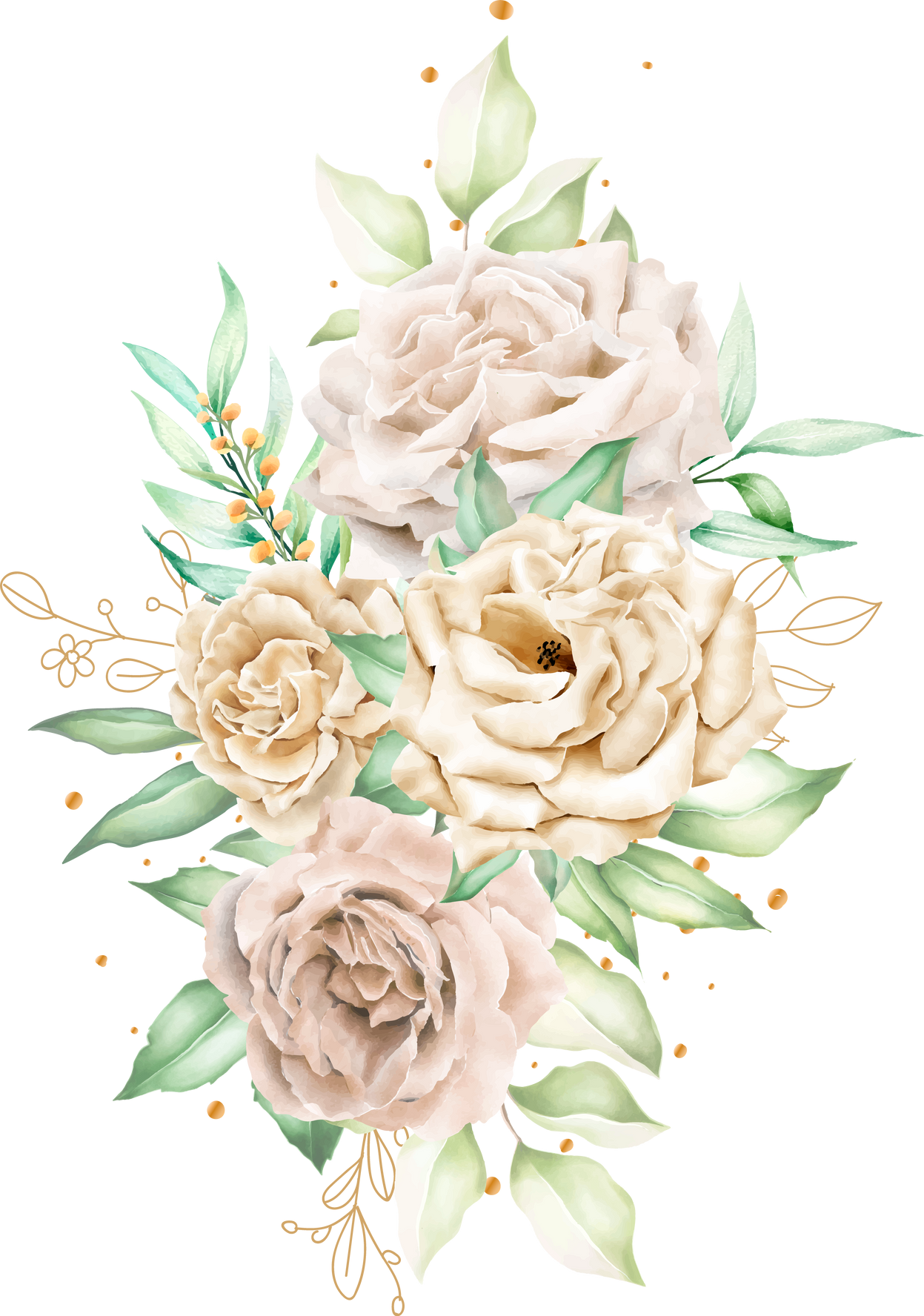 watercolor white roses bouquet and branches illustration