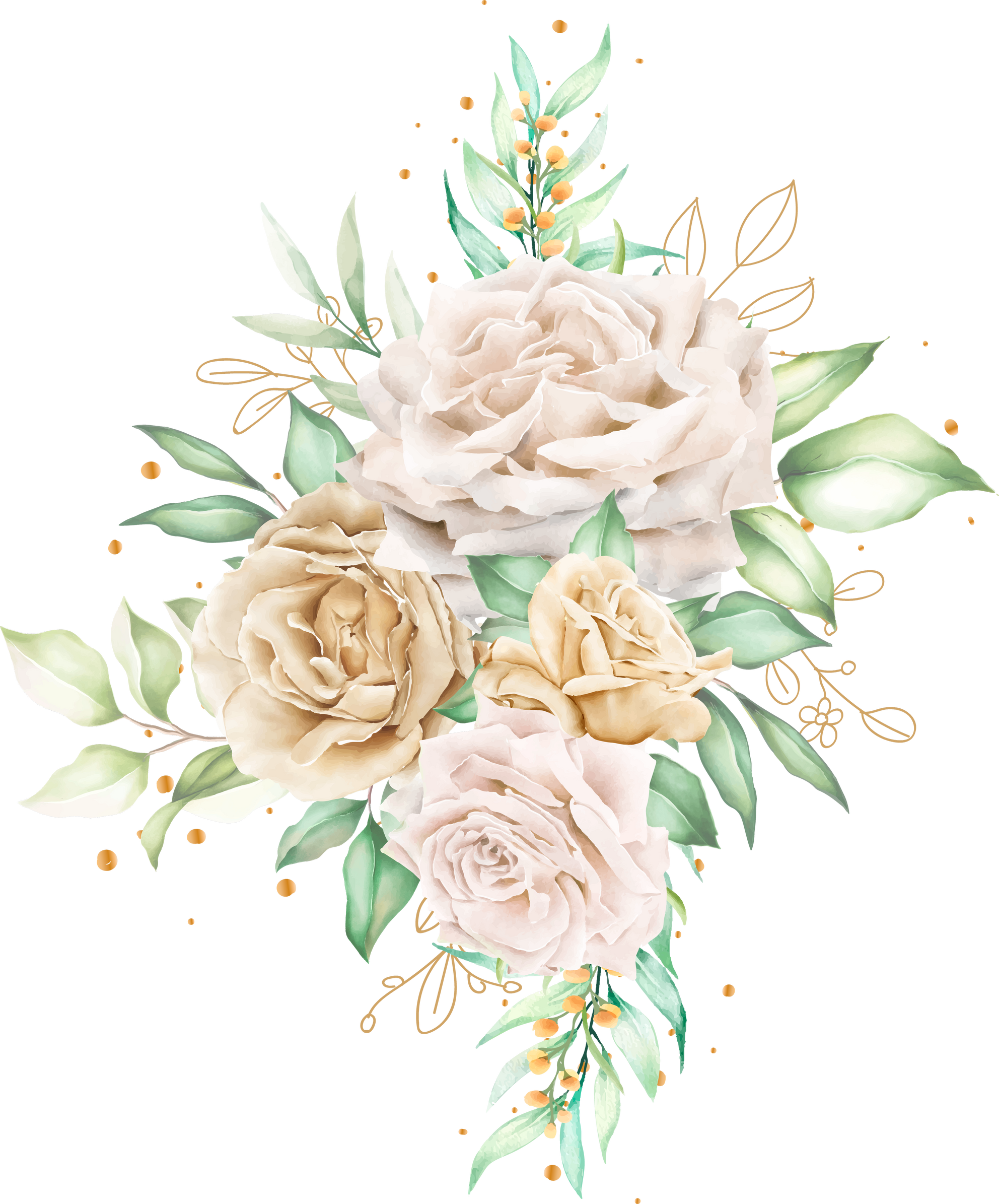 watercolor white roses bouquet and branches illustration