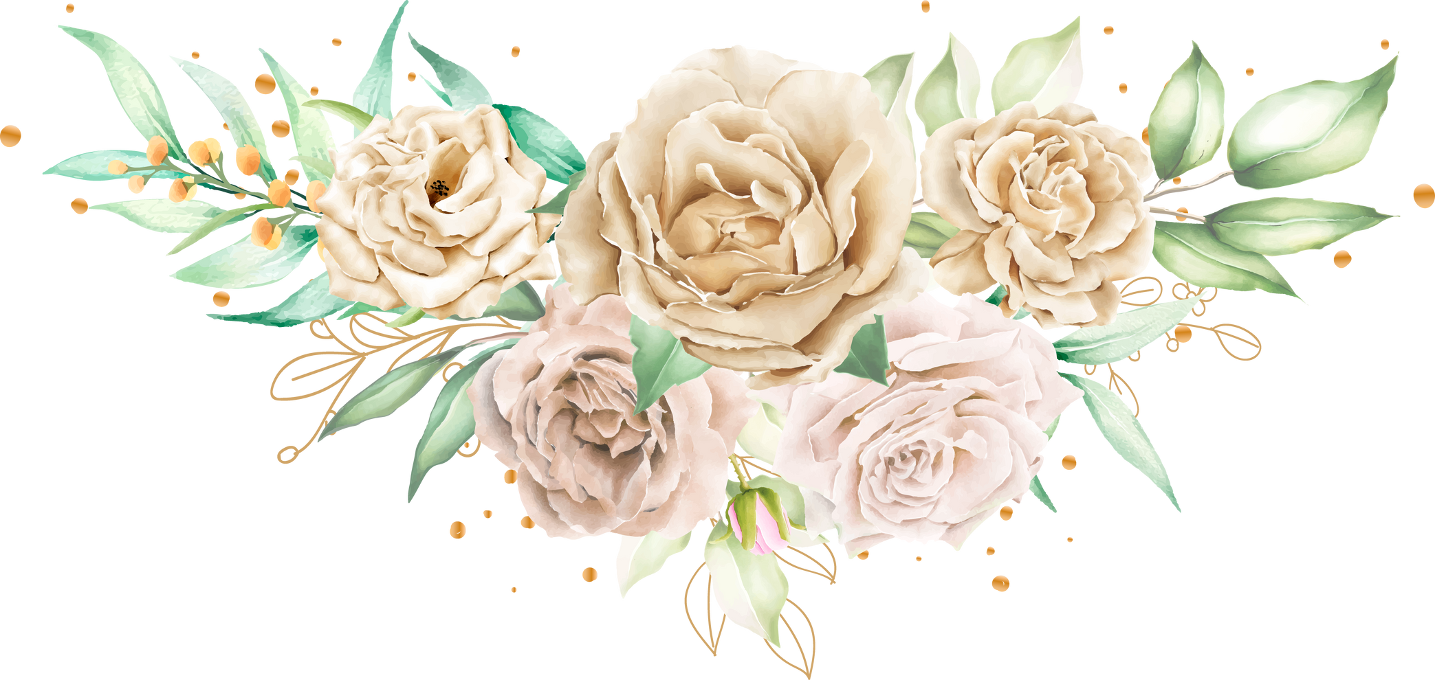 watercolor white roses bouquet and branches illustration