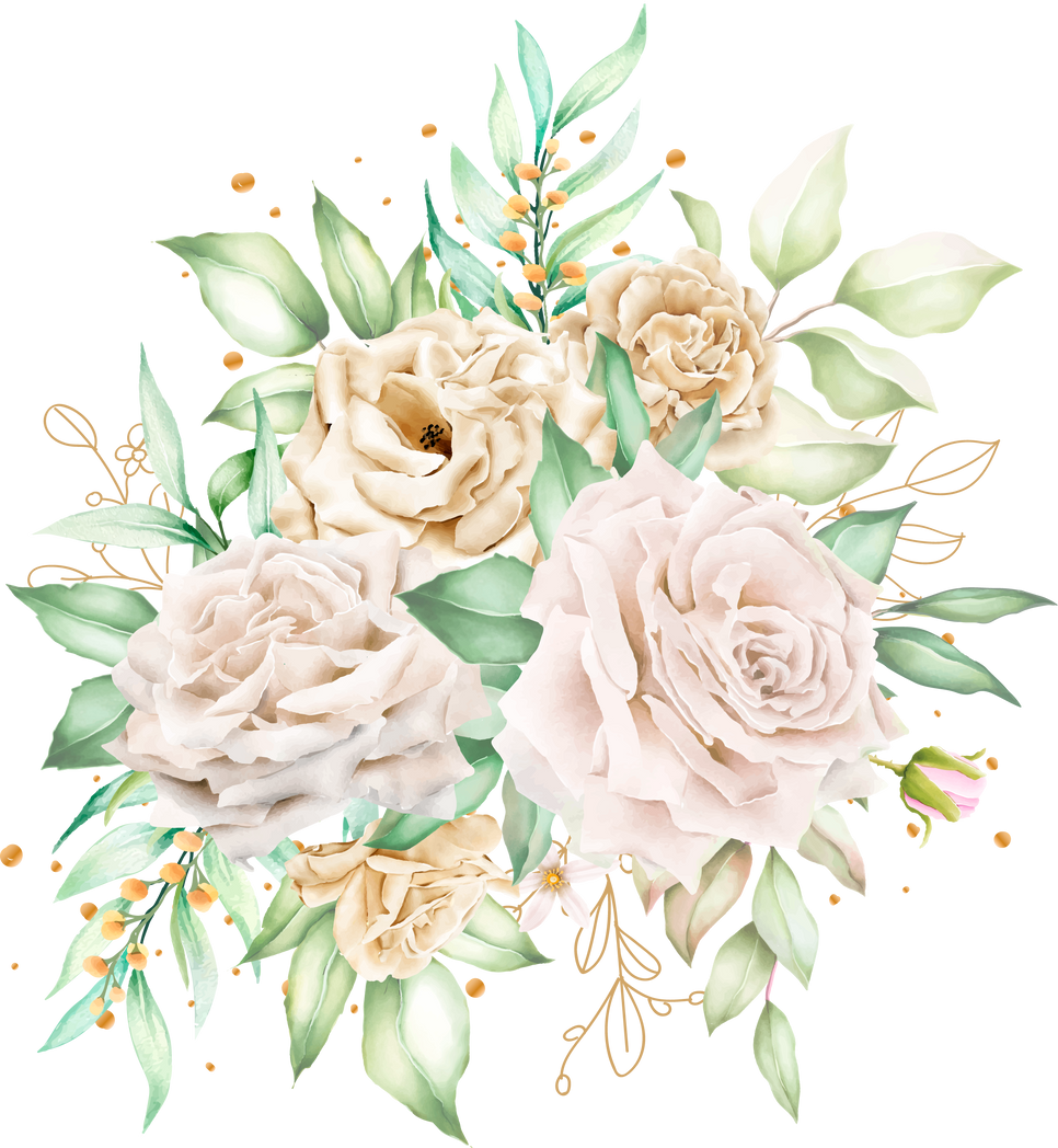 watercolor white roses bouquet and branches illustration