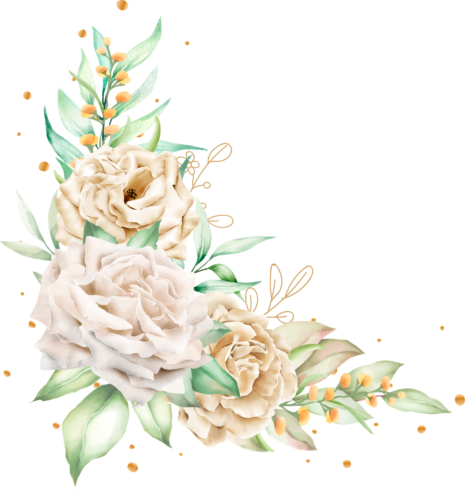 watercolor white roses bouquet and branches illustration