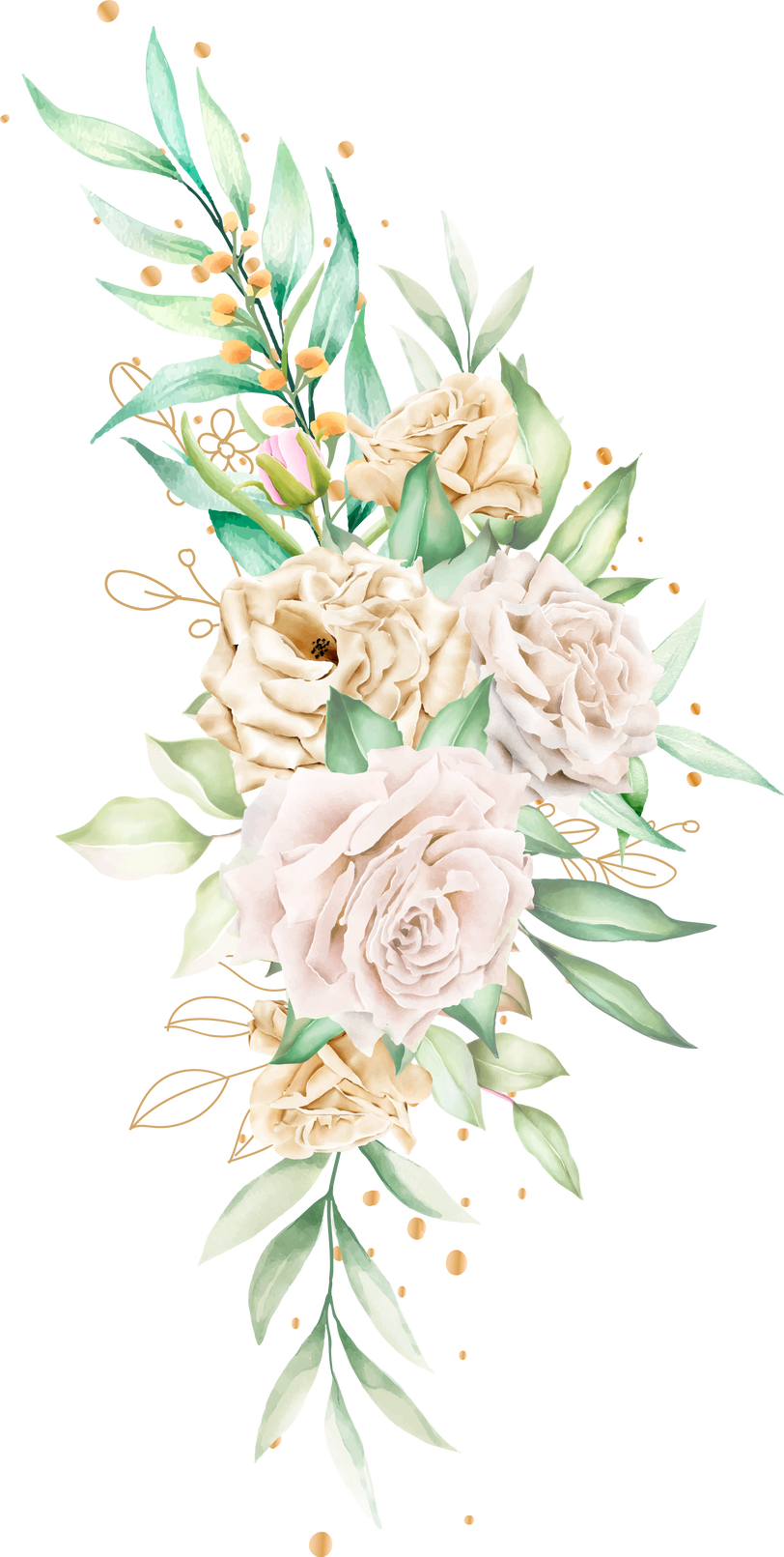 watercolor white roses bouquet and branches illustration