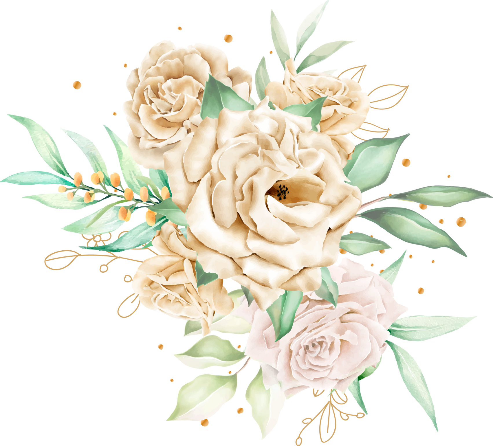 watercolor white roses bouquet and branches illustration