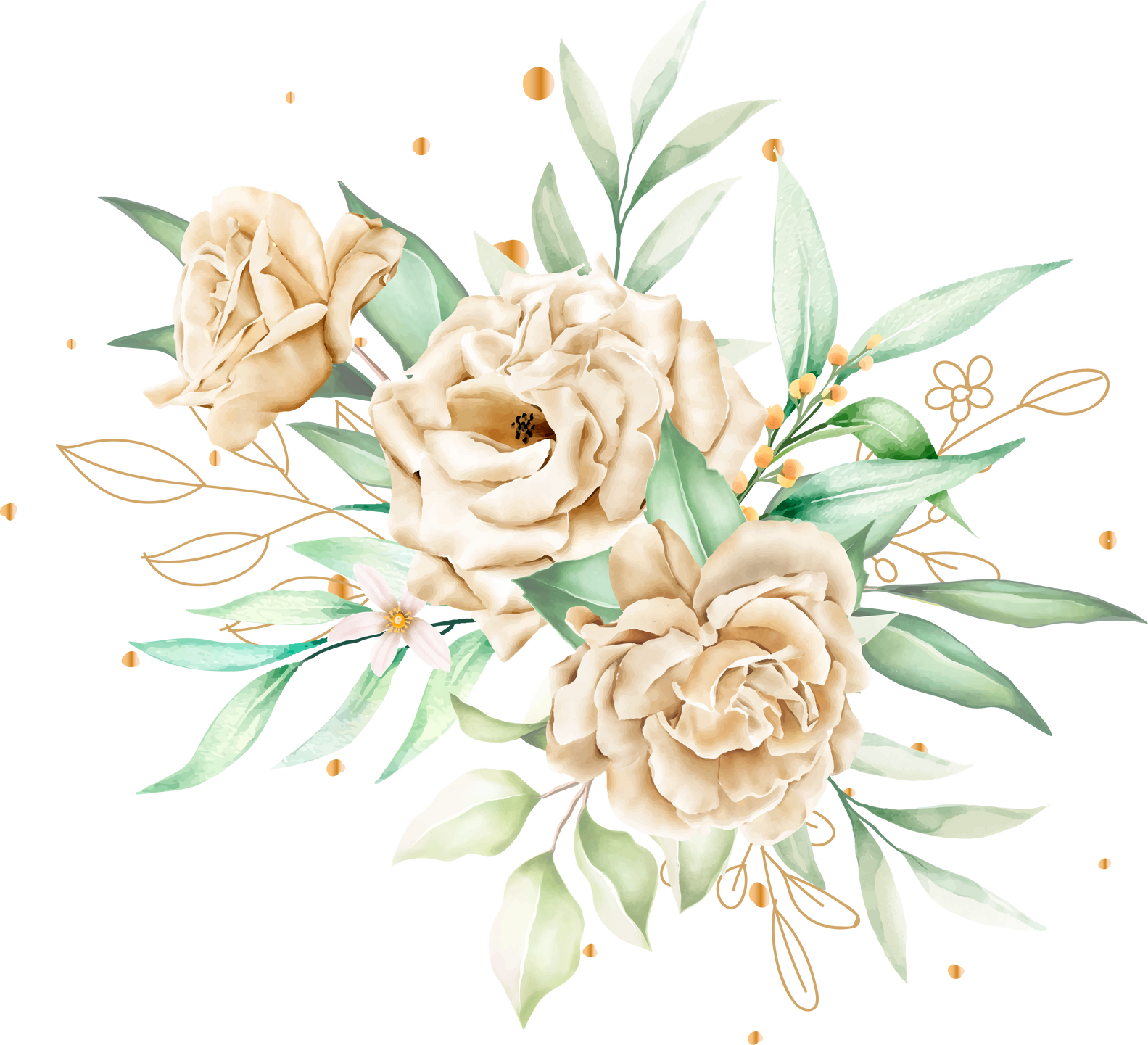 watercolor white roses bouquet and branches illustration