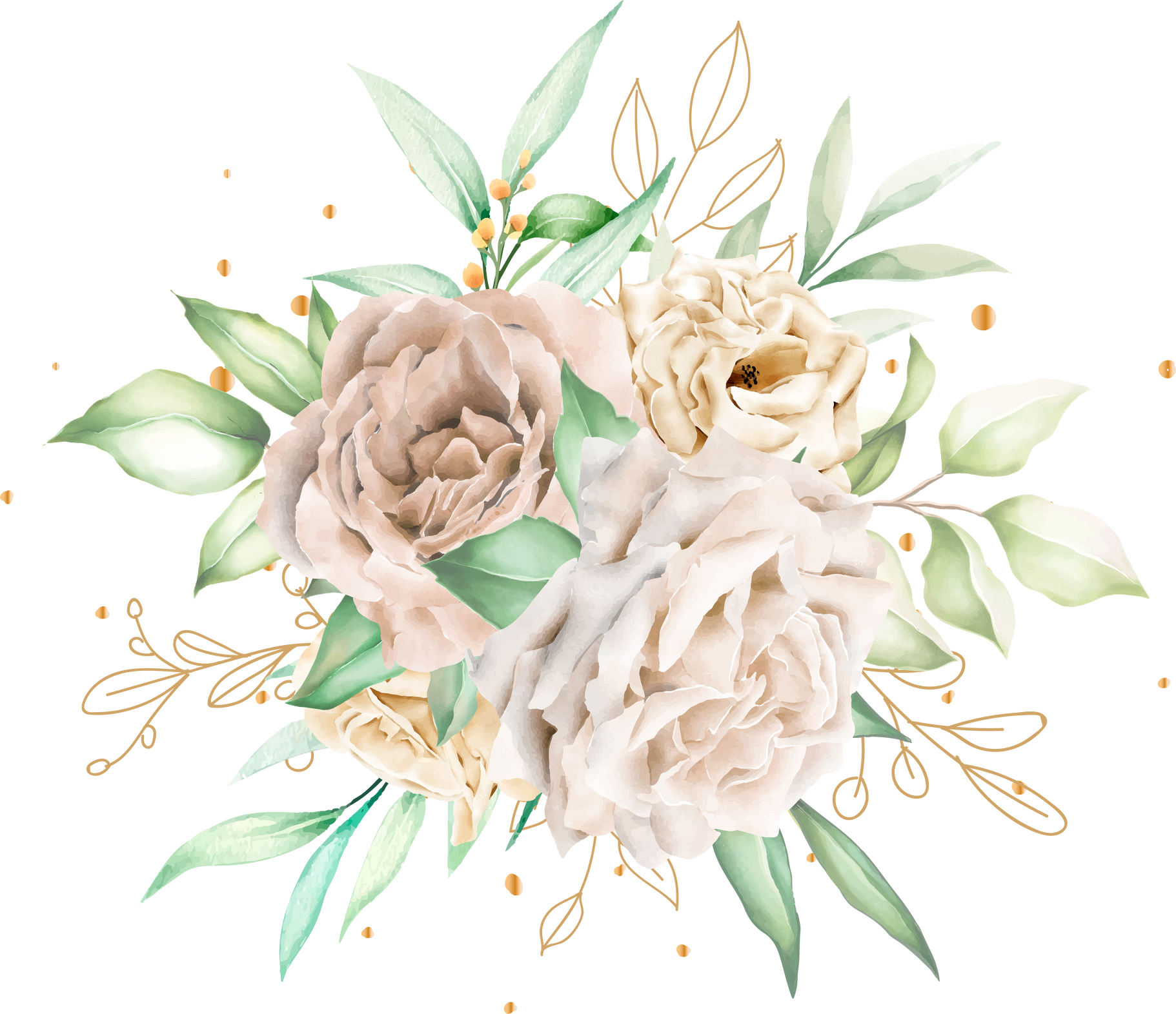 watercolor white roses bouquet and branches illustration