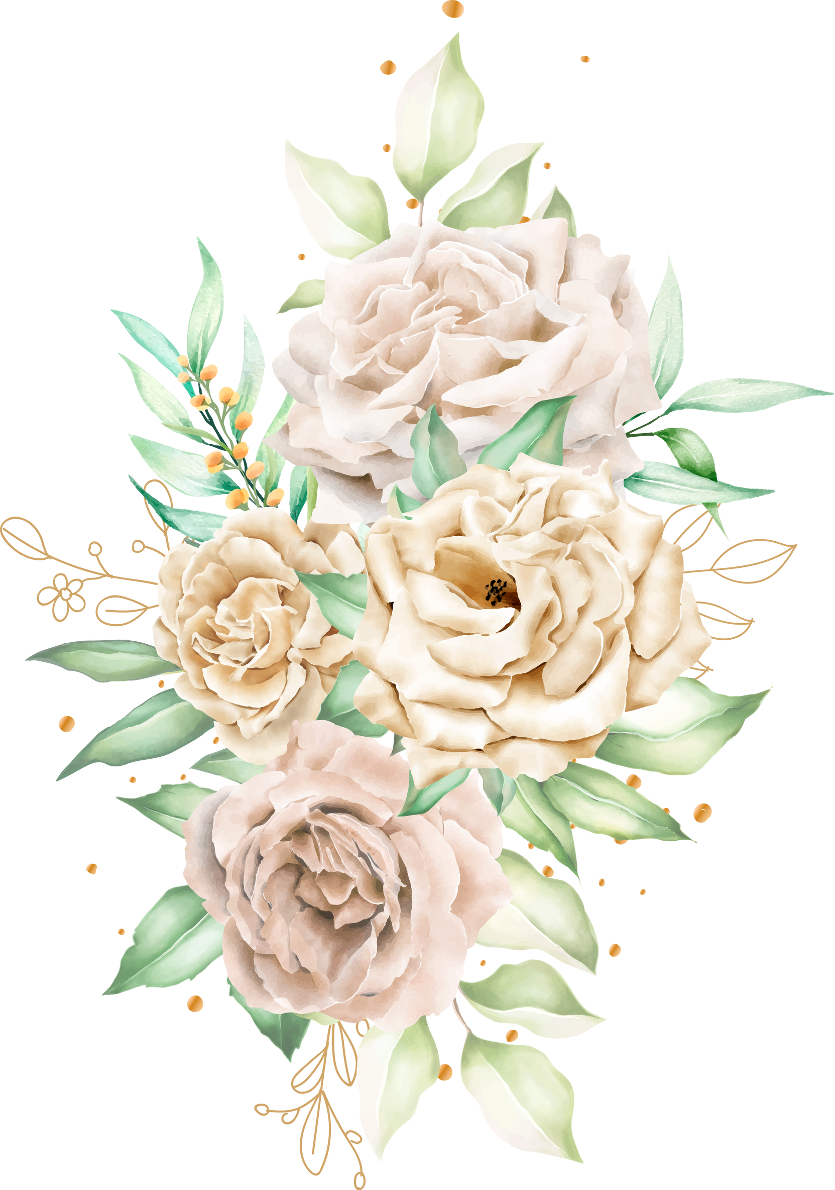 watercolor white roses bouquet and branches illustration