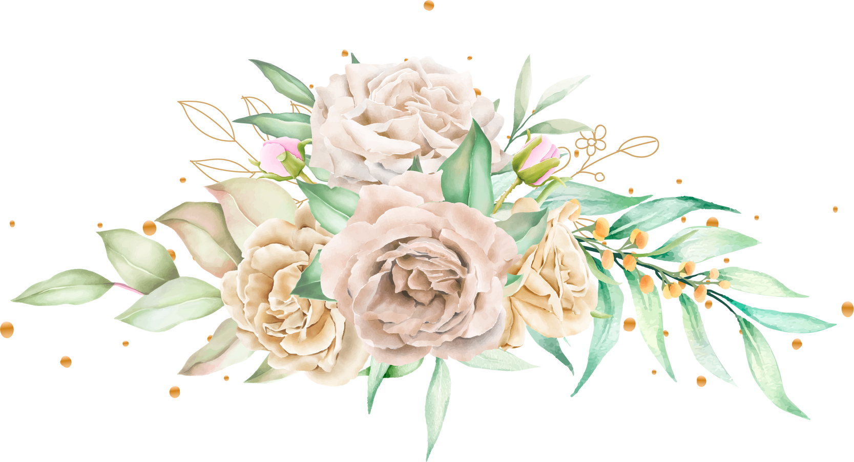 watercolor white roses bouquet and branches illustration