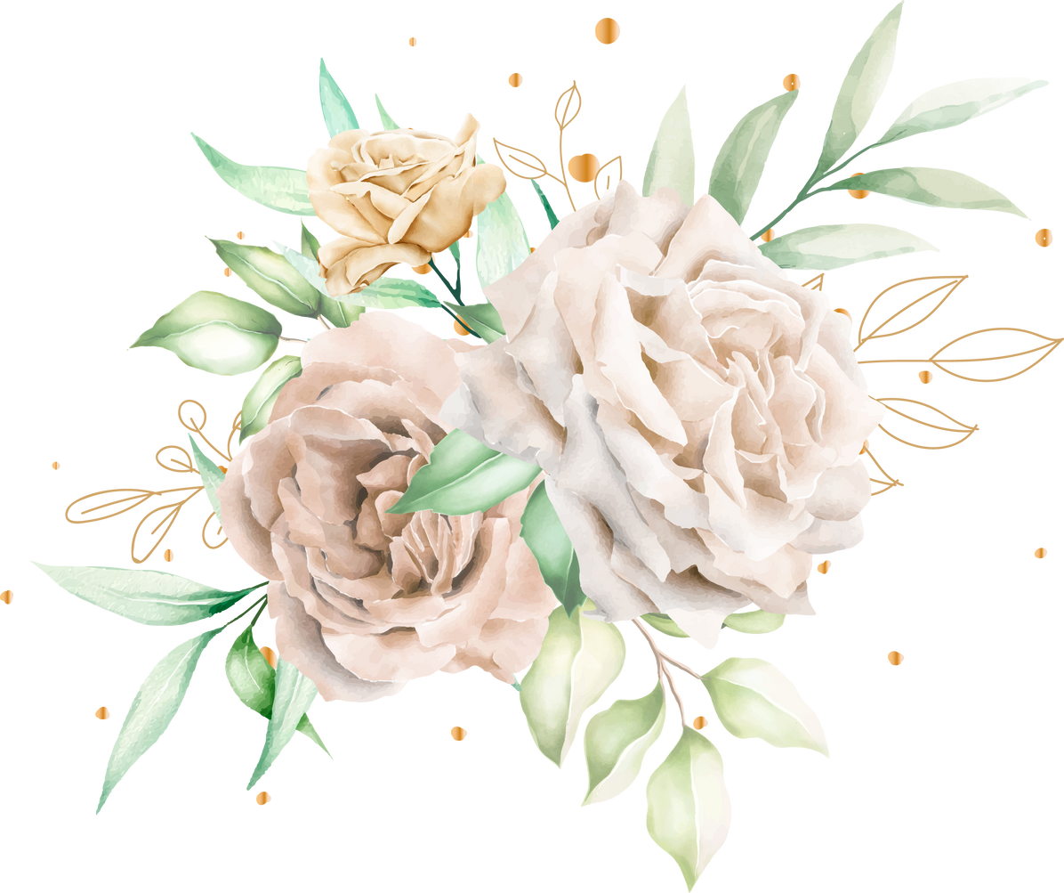 watercolor white roses bouquet and branches illustration