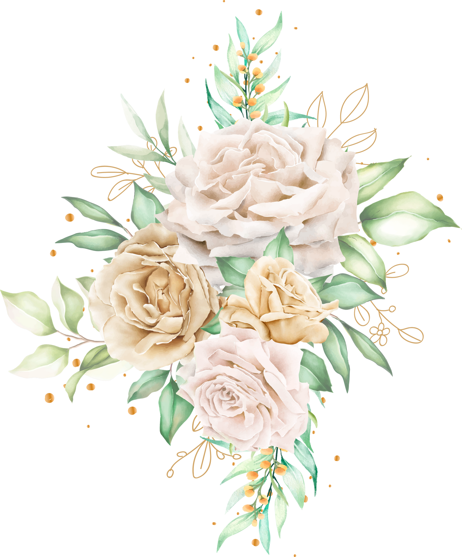 watercolor white roses bouquet and branches illustration