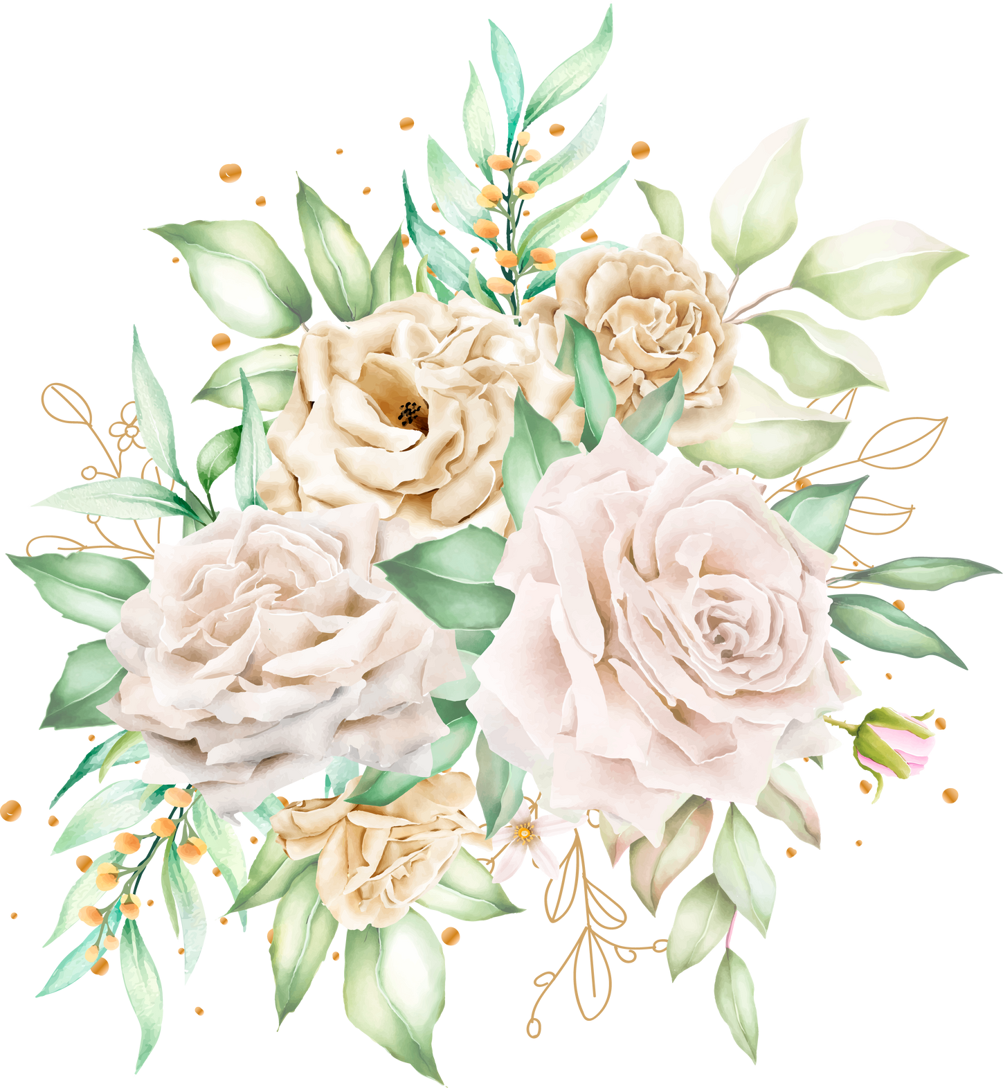 watercolor white roses bouquet and branches illustration