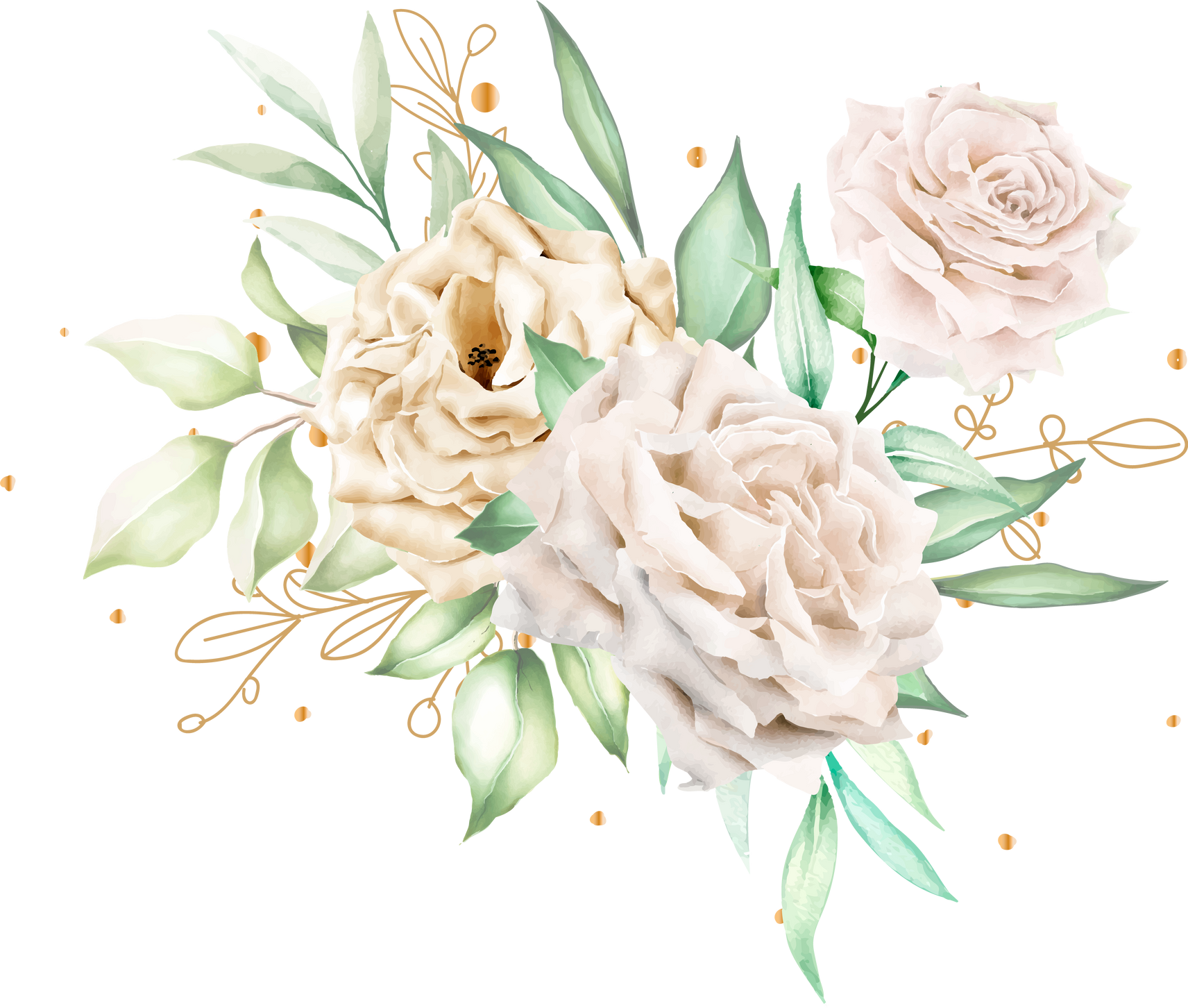 watercolor white roses bouquet and branches illustration