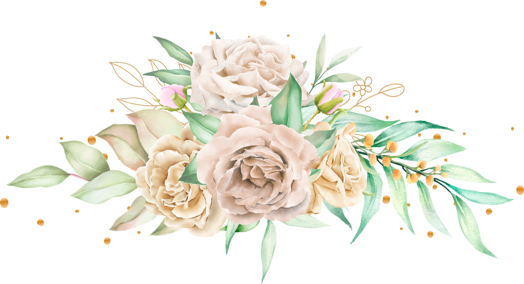 watercolor white roses bouquet and branches illustration